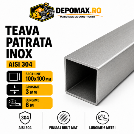 Teava patrata inox AISI 304, 100 x 100 x 3 mm, 6 metri